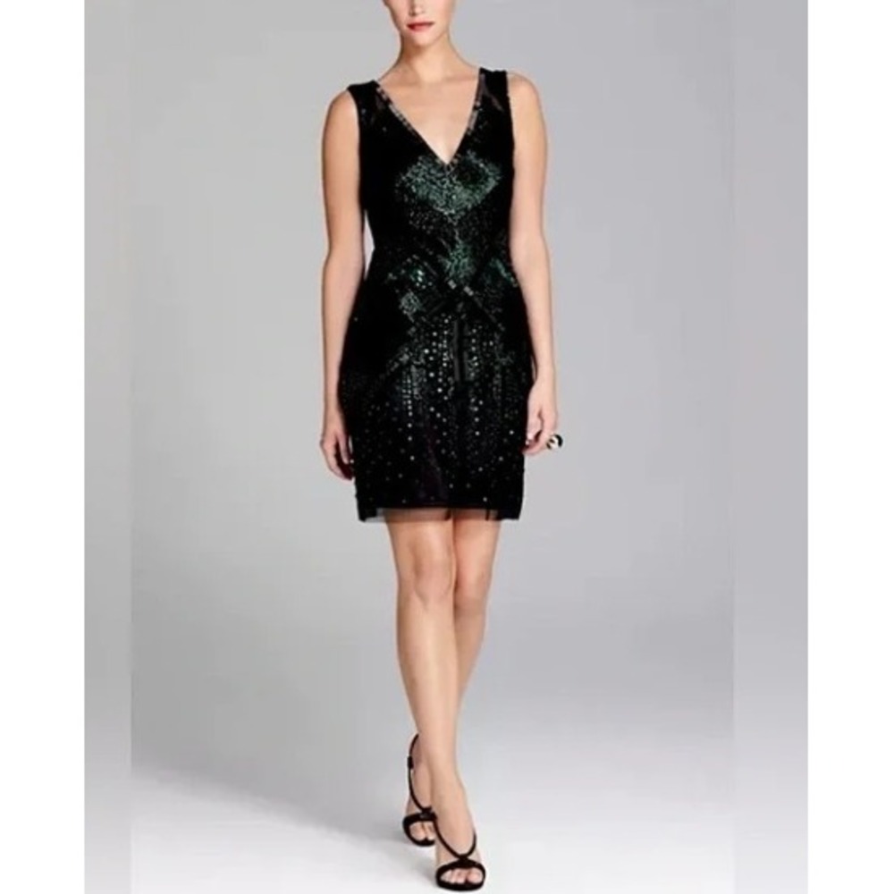 Aidan Mattox Black Sequin Cocktail Dress V-Neck Sleeveless Party Gown Size 8 NEW
